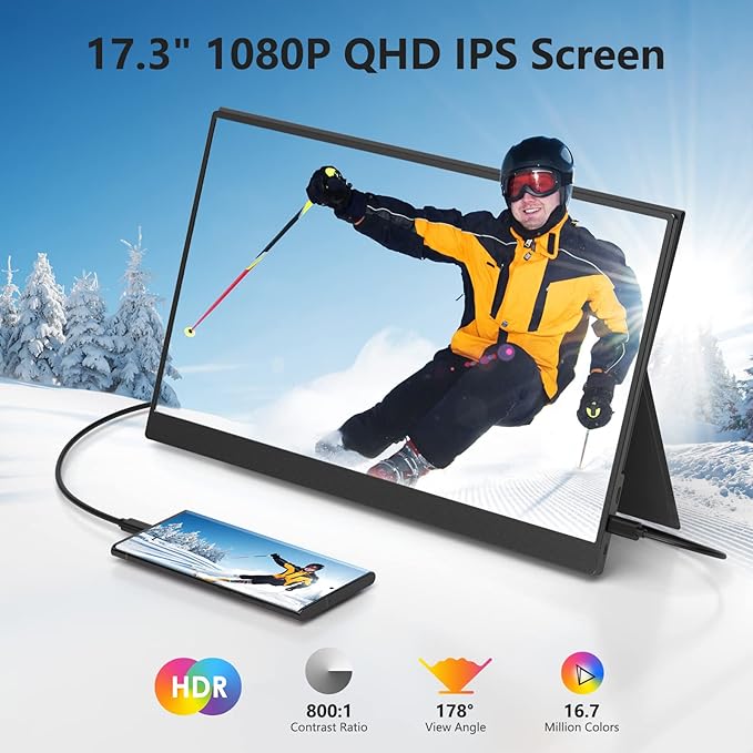 17.3" Portable Monitor 1080P FHD 144Hz Narrow Edge Laptop Monitor USB C HDMI Gaming Computer IPS HDR Screen, Travel Monitor for PC Mac Phone Xbox PS5 Switch Laptop w/Smart Cover & Speakers