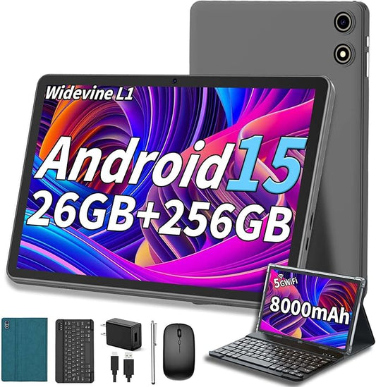 Android 15 Tablet with Keyboard, 26GB RAM+256GB ROM(2TB Expand), 10 inch Tablet with 8000mAh Battery, 2.4G/5G WiFi, 5MP+13MP Dual Camera, Widevine L1, GMS Certified, Mouse, Case, Stylus(Green)