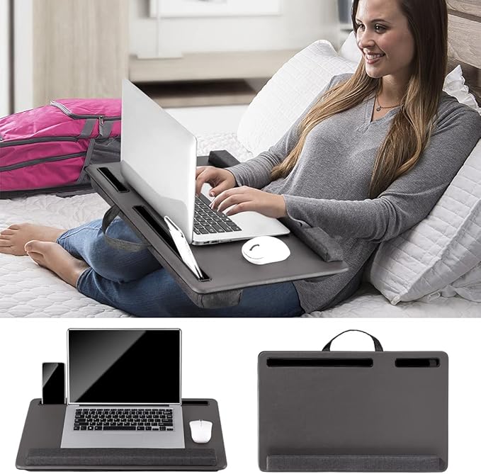 Large Lap Laptop Desk - Full PU Material Mouse Pad Gaming Tray - Portable LapDesk with Phone Holder & Wrist Rest for Notebook, MacBook, Tablet, Bed, Sofa(Gray, Fit Up 17.3-in Laptops)