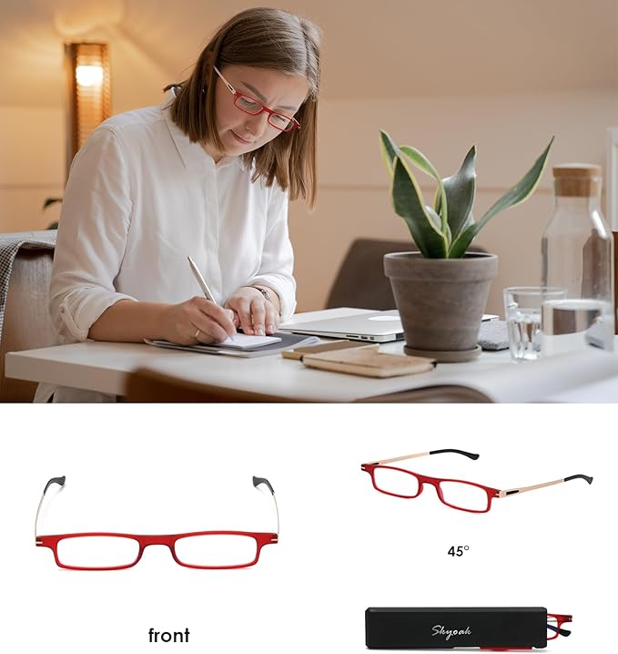 SKYOAK Ultra thin Lightweight Folding Reading Glasses Women Men TR90 Blue Light Blocking Anti UV/Eyestrain Foldable Compact Computer Readers Portable Unique Stretchable Slim Flat Case Red +2.5