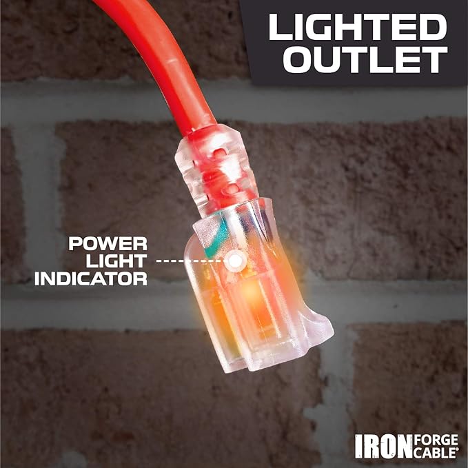Iron Forge Cable 10 ft Lighted Outdoor Extension Cord - 12/3 SJTW Red 10 ft Extension Cord Heavy Duty with 3 Prong 15 AMP Grounded Plug for Safety