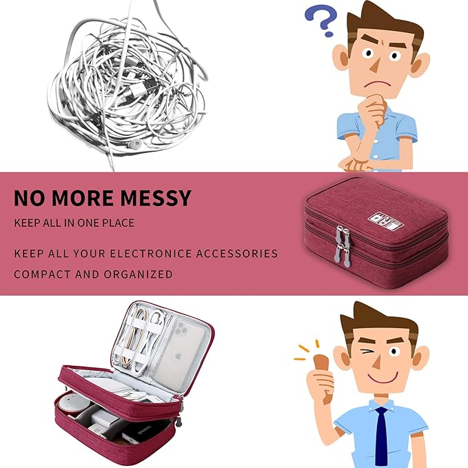 mygreen Travel Cable Organizer Bag, Two-Layer Electronics Accessories Organizer Bag for Cables, Chargers, Power Bank, Mouse,iPad, Phone, Kindle, SD Card, Wires, Cords, and Accessories Red