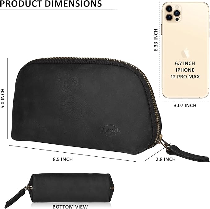 Leather Tech Pouch for Cables Chargers Phone | Tech Bag | Zipper Travel Accessory Pouch | Electronic Organizer Case Travel Bag (Black)