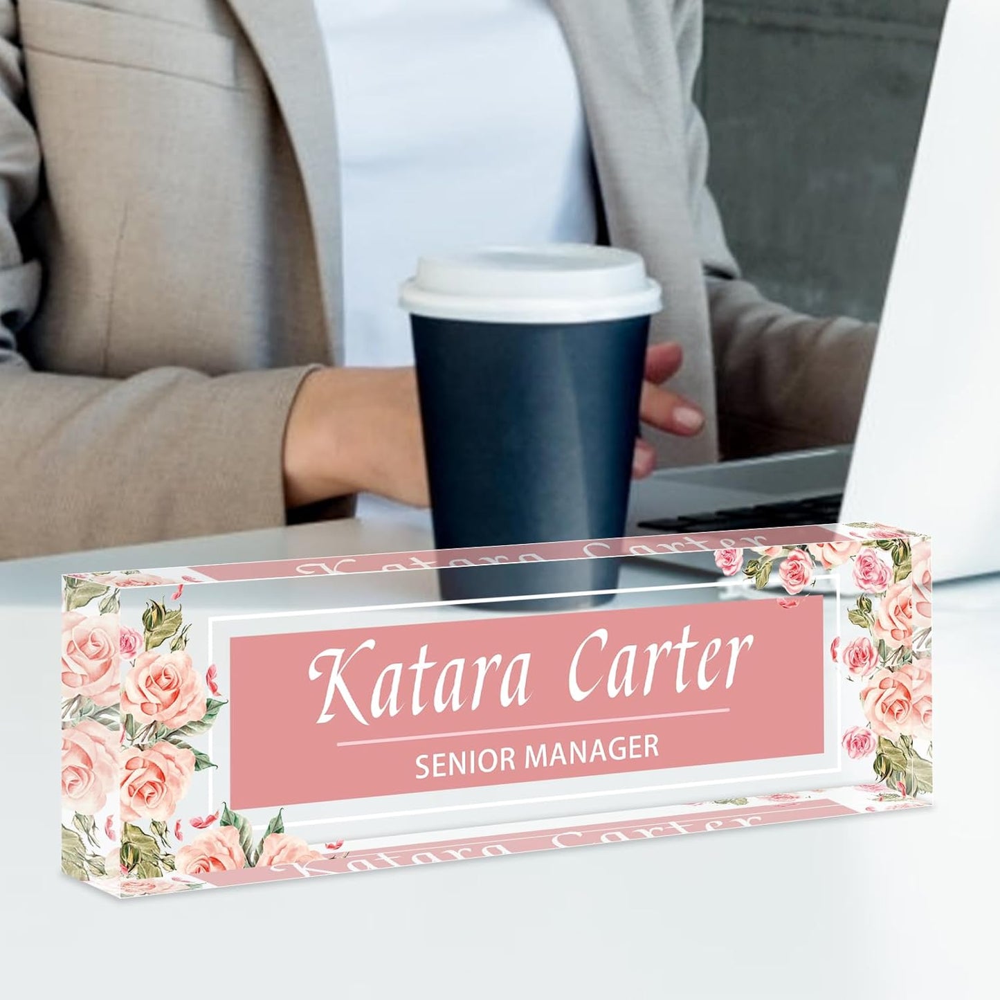 Name Plate for Desk Personalized, Acrylic Desk Decorations, Employee Appreciation Gifts, Custom Office Gifts for Coworkers, Boss, Teacher, Nurse (Rose)