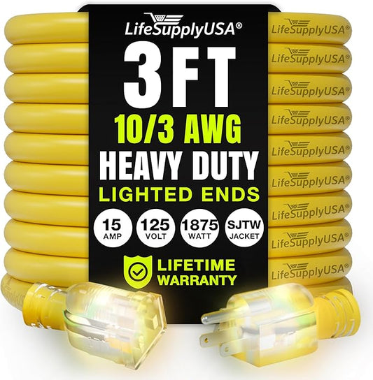 3ft Outdoor/Indoor Extension Cord 10/3 Gauge Ultra Heavy Duty 3 Prong SJTW, Waterproof, Flexible Cold-Resistant Long Power Cord,15A 125V 1875W, Yellow by LifeSupplyUSA