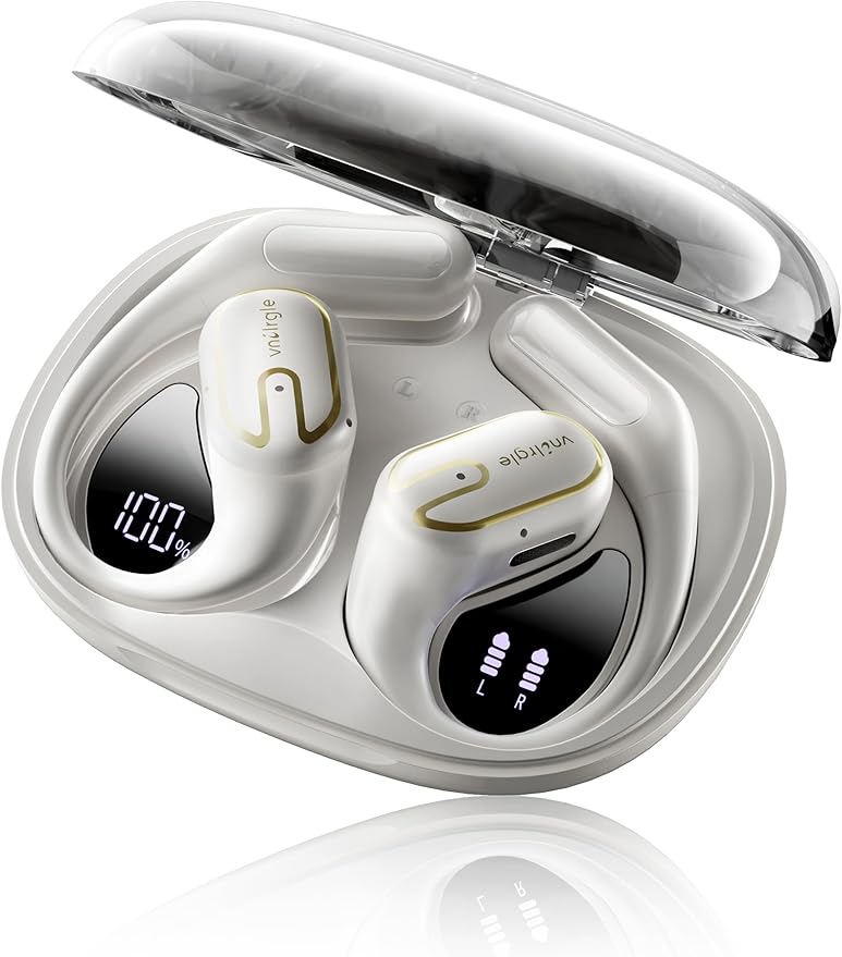 Open Ear Headphones 5.4 Bluetooth Sport Ear Buds with LED Digital Display IPX7 Waterproof, Wireless Earbuds Touch Control Air Conduction Stereo Sound with 18.2mm Drivers (Off White)