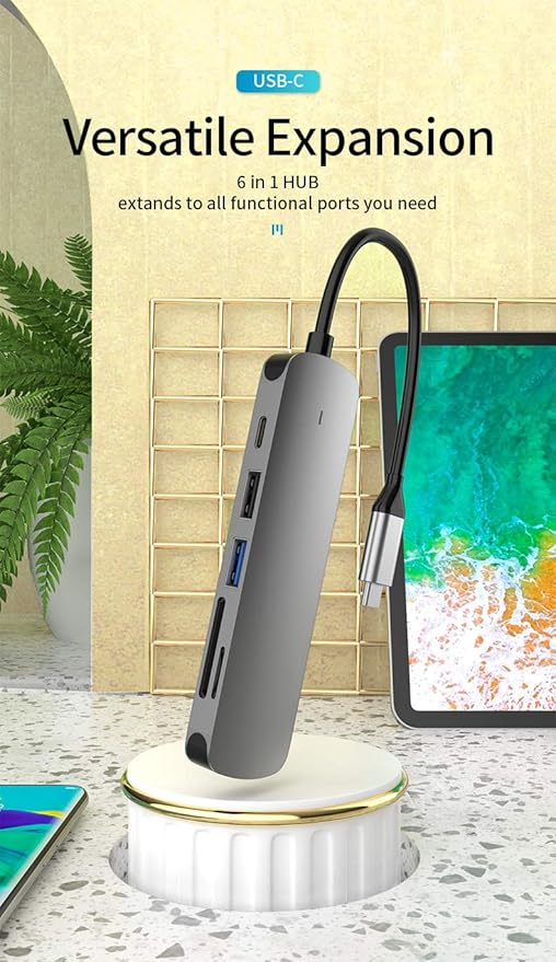 6-in-1 USB-C Hub with 4K@30Hz HDMI, Aluminum Alloy Shell - Multiport Adapter for MacBook, Laptop, and More