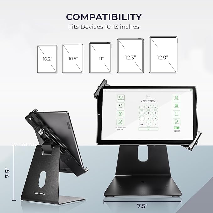 Volcora Anti-Theft Tablet Stand iPad Security Holder with Lock, Black 10-13 Inch Kiosk Stand Mount, Swivel, Adjustable, for iPad Pro, Air, POS Register, Retail Business, Checkout, Cashier