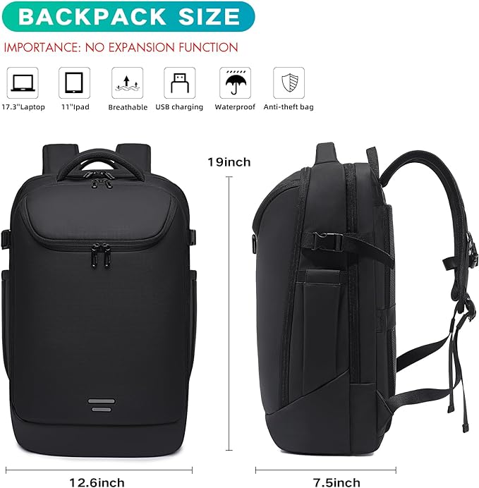 Travel Backpack for Women, Carry on Luggage 30L Flight Approved Water-resistant Lightweight Business Backpack Fits 17.3 Inch Laptop with Shoes Compartment, Black