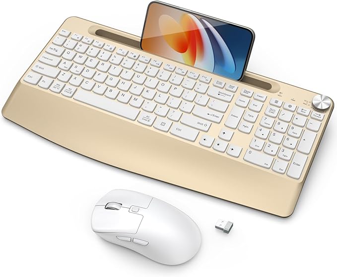 Ergonomic Wireless Keyboard and Mouse with Wrist Rest，Phone Holder - 2.4GHz Full-Sized Low-Profile Quiet Gold Wireless Mouse and Keyboard Combo for Computer, Laptop, PC, Mac-Gold