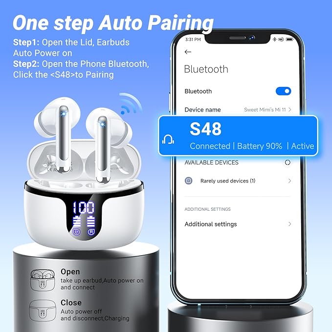 Wireless Earbuds Bluetooth Headphones Bluetooth 5.4 Ear Buds with 4 ENC Noise Canceling Mic Headsets, HiFi Stereo 42hrs Playback Earphones with LED Power Display for Sports/Workout/Running White