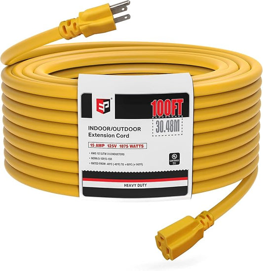 EP 100 Ft Outdoor Extension Cord, 12/3 SJTW Heavy Duty Extension Cable with 3 Prong Grounded Plug, 15 AMP Power Cord for Lawn, Garden, Appliances, Yellow