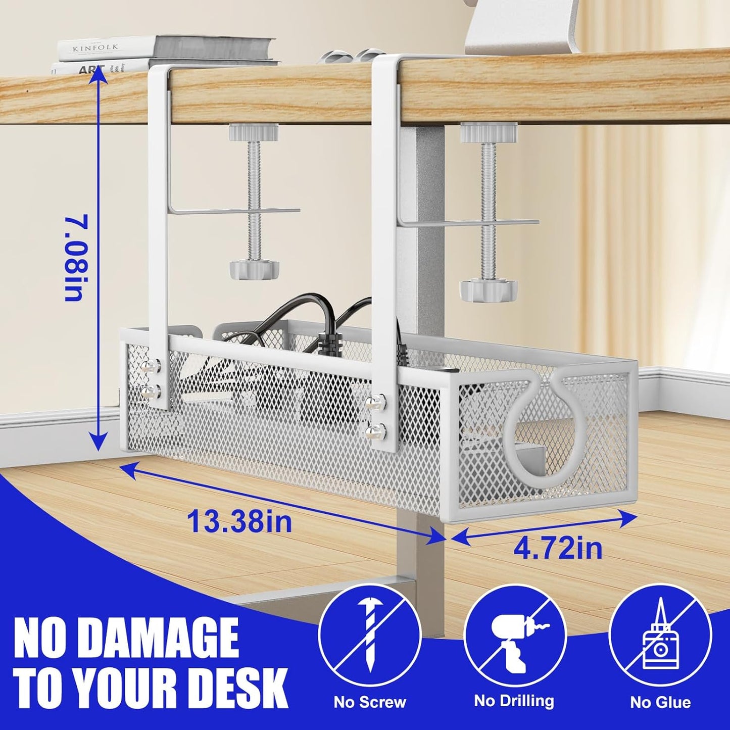 Under Desk Cable Management Tray, Metal Long Arms(3.9in), No Drill Mesh Wire Management Tray Cable Box for Office, Desk Wire Organizer with Clamp Mount, 1 Pack, White