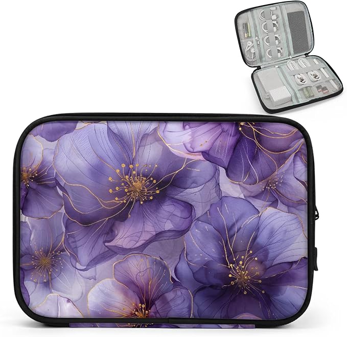 Purple Flowers Electronics Travel Organizer Case, Tech Accessories Cable Storage Bag for Cords, Charger, Phone, Hard Drive