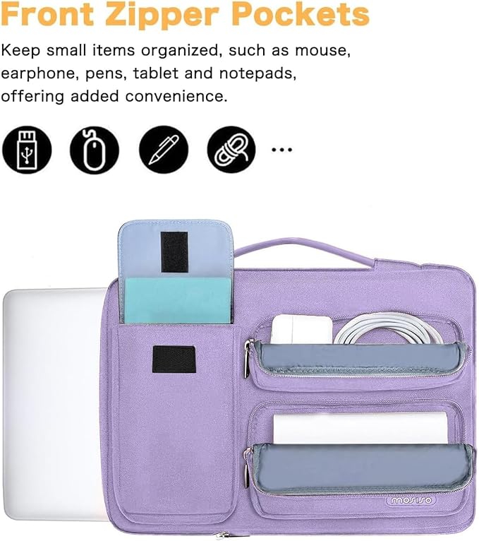 MOSISO 360 Protective Laptop Case 13.3 inch, 13-13.3 inch Laptop Sleeve Compatible with MacBook Air/Pro 13 / Pro 14, HP Dell ASUS Lenovo,Side Open Bag with 2 Raised&1 Flapover Pockets, Purple