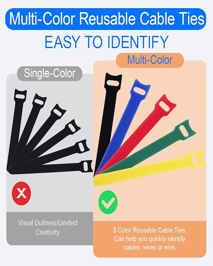 Cable Ties Reusable - 6 Inches Multi-Colour Adjustable Cord Straps Cord Ties for Cable Management Organizer, Multi-Purpose Reusable Hook and Loop for Home, Office and Garage (50)
