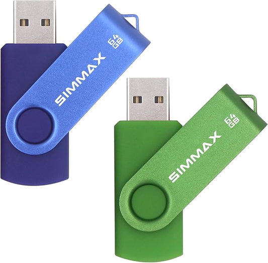 USB Flash Drives 2 Pack 64GB Memory Stick Swivel Design USB 2.0 Flash Drive Thumb Drive Zip Drives (64GB Blue Green)
