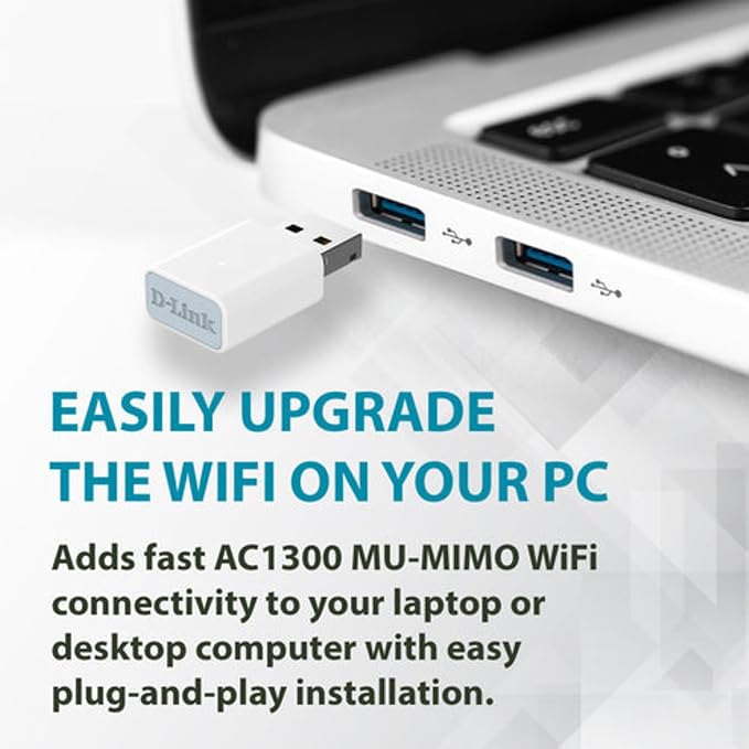 D-Link AC1300 USB WiFi Adapter —2.4/5GHz Dual Band Wireless Internet Travel Size for Desktop PC Laptop —MU-MIMO Plug & Play —Supports Windows 10/11 Drivers —WPA3 Enhanced Security (AC13U)