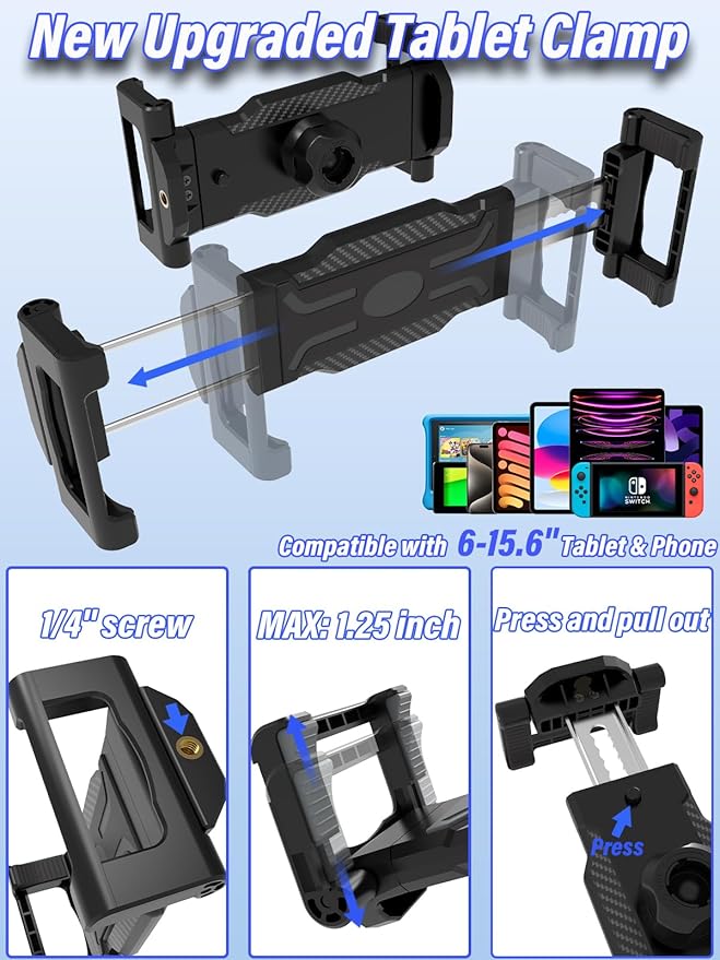 Golf Swing Recording Tablet Holder with Heavy-Duty Spike Stake, Thick Case Friendly Monopod Stand for iPad Pro/Air/Mini, Galaxy Tab (6-15.6"), iPhone - Anti-Fall Design for Outdoor Training
