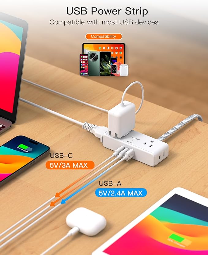 Flat Extension Cord 3 feet, Flat Plug Power Strip, 4 Widely Outlets with 3 USB Ports (2 USB C), 3 Side Outlet Extender with Extension Cord with Multiple Outlets for Home, Office, Dorm Room Essentials