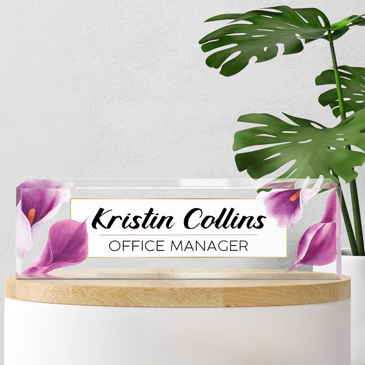 Custom Name Plate for Desk, Acrylic Office Decor For Women Men, Personalized Office Desk Accessories, Teacher Employee Appreciation Gifts For Social Worker Boss Coworkers (Purple Flower-2)
