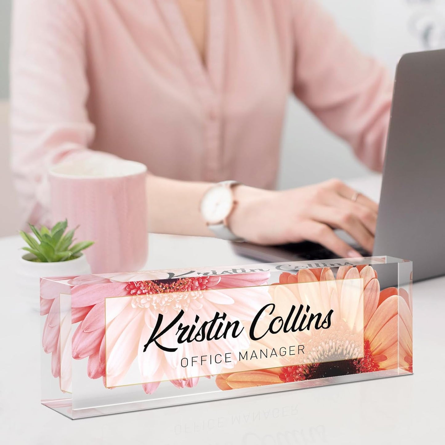 Custom Name Plate for Desk, Acrylic Office Decor For Women Men, Personalized Office Desk Accessories, Teacher Employee Appreciation Gifts For Social Worker Boss Coworkers (Sunflower)