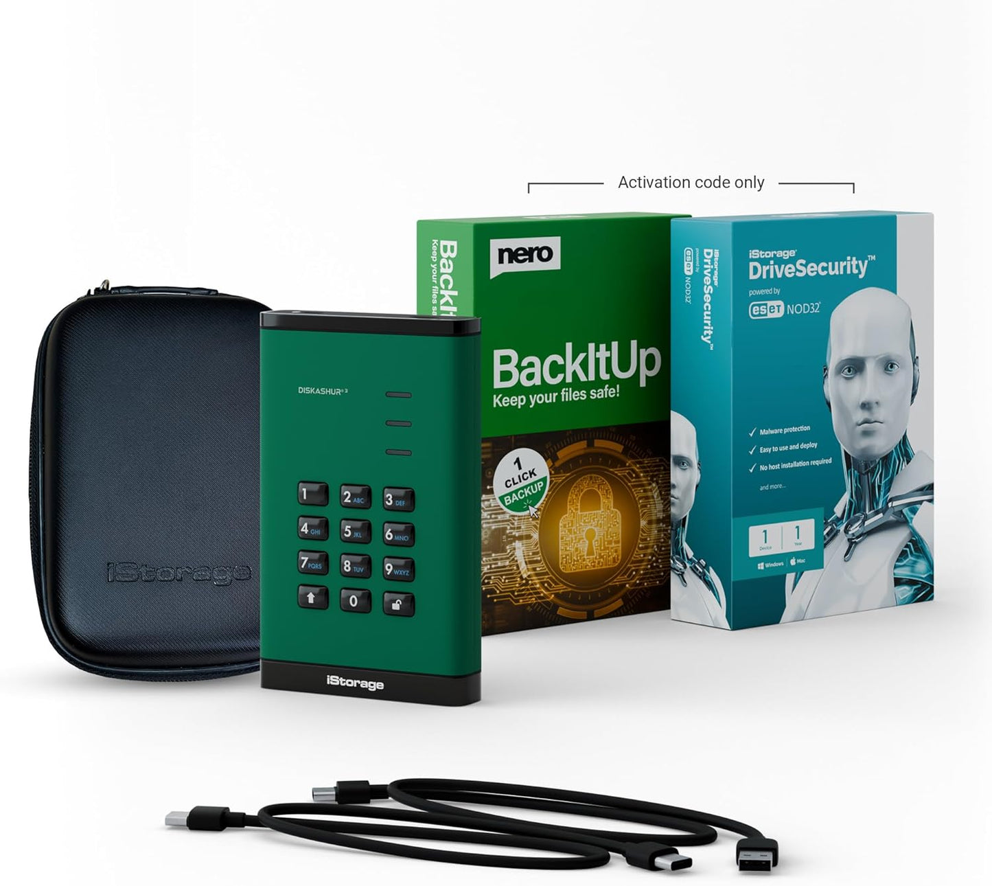 iStorage diskAshur3 HDD 4TB Green - Secure Portable Hard Drive - Password Protected - Dust & Water Resistant - Hardware Encryption