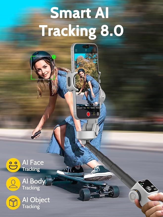 AOCHUAN Cellphone Gimbal for Video Recording w/AI Tracking,3 -axis Vlogging Gimbal stabilizer for iPhone w/OLED Display, Smartphone Holder w/7.8' Extension Rod, Trigger Button Smart V8(White)