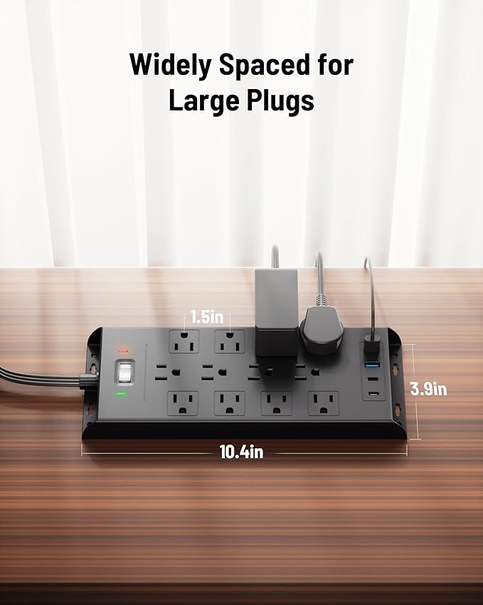 Surge Protector Power Strip 4800J, LeZone 10Ft Long Extension Cord Flat Plug, 12 Outlets 2 USB C 2 USB Ports, Wall Mountable, 20W Desk Charging Station, Black