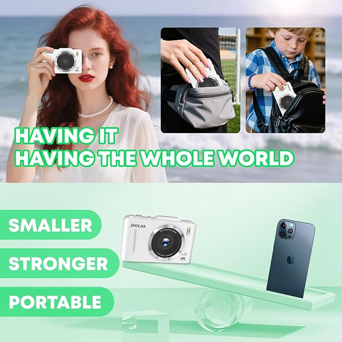 Digital Camera, Autofocus 4K Vlogging Camera for Photography with 64GB Card, 48MP Portable Compact Point and Shoot Digital Camera for Teens Adult Beginner with 16X Zoom, Anti-Shake,(White)