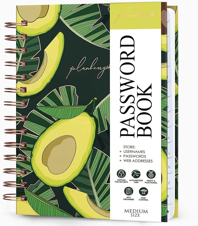 PLANBERRY Password Book Premium – Alphabetized Internet Address Organizer with A-Z Tabs – Website & Computer Password Keeper with Alphabetical Tabs – 6.2x7.7″, Hardcover (Avocado Green)
