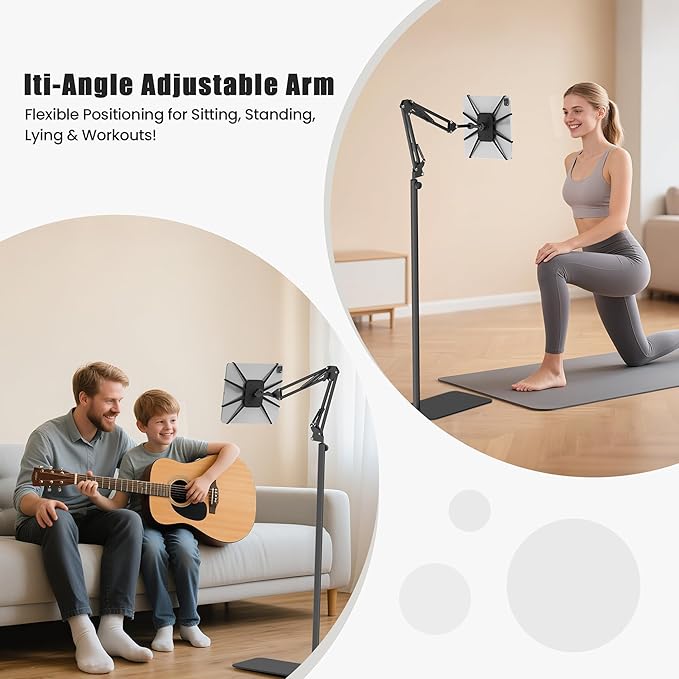 Tablet Floor Stand,Universal Metal Tablet Holder,Overhead Bed Mount Height Angle Adjustable Stand, 360° Rotation Floor Holder for iPad, Kindle, Tab,Phones, E-Readers(7-12.9 Inch)