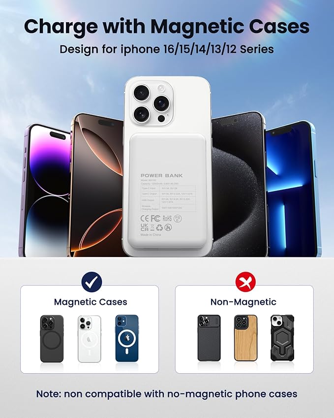 Magnetic Portable Charger Power Bank 12000mAh MagSafe Compatible Battery Pack PD 22.5W USB C Fast Charging Wireless Battery Pack Phone Charger for iPhone 17/16/15/14/13/12 All Series