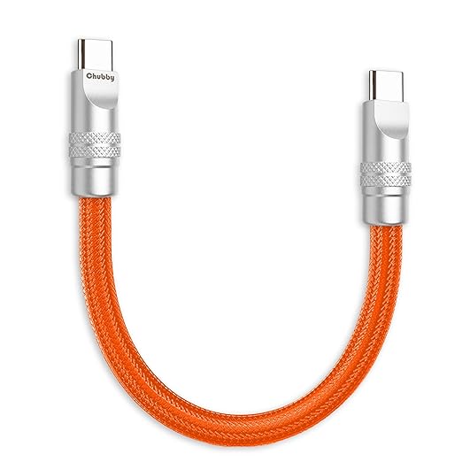 chubbycable Cute Chubby 240W Short USB C Cable Power Bank Fast Charging Cable Nylon Braided Charger Cord Compatible with iPhone 17-15 Series iPad, Orange, Type-C to Type-C, 0.32FT