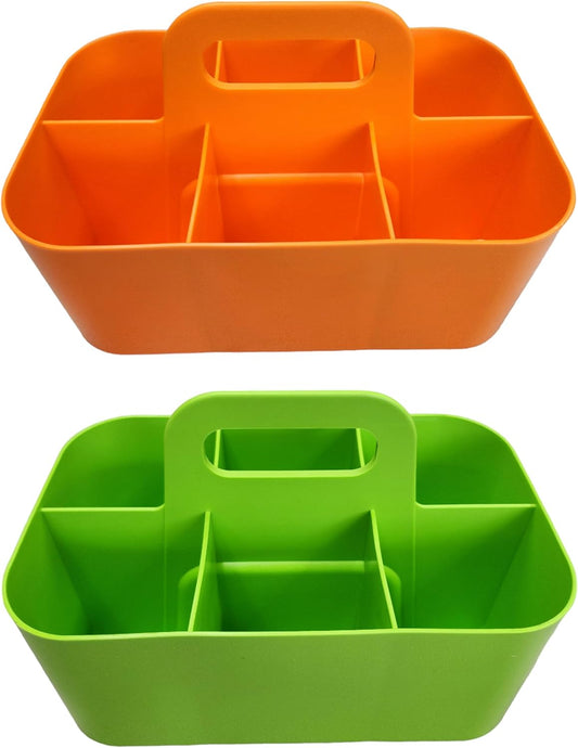 2 Pack Small 6 Compartment Multiuse Caddy Organizer with Handle Art Craft Supplies, Office, Desk, Stationery Pen Holder Stackable- Made In USA (Orange/Green)