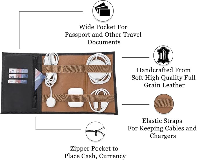Custom Leather Electronic Organizer Roll – Personalized Cord Pouch for Travel Tech Accessories, USB Cables, Charger, Passport, SD Cards – Handmade Gift for All
