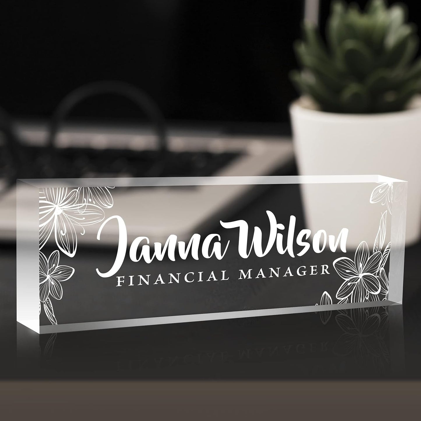 Name Plate for Desk, Premium Clear Plates Engraved Acrylic Desk Name Plate, Desk Name Plate Personalized, Custom Office Decor for Women or Men Coworkers, Boss, Employee, Teacher (Engraved 1)