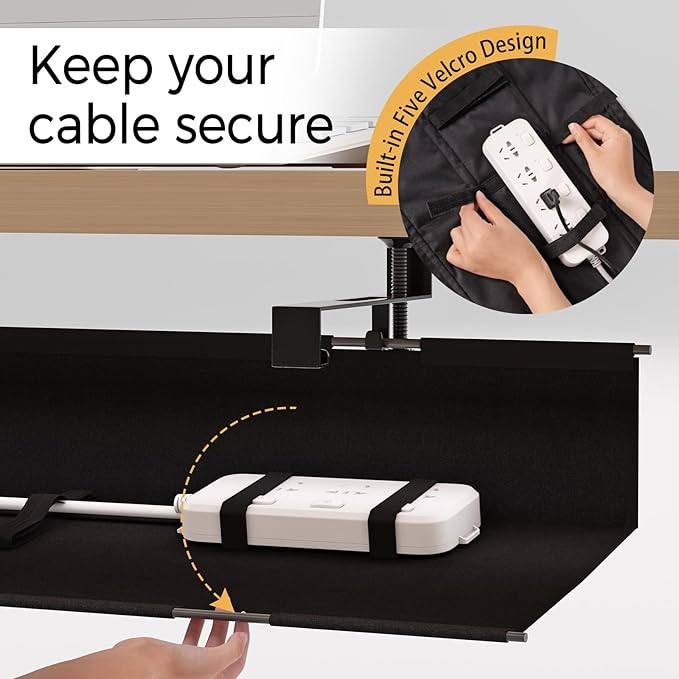 Under Desk Cable Management Tray 27.2" - No Drill Computer Wire Organizer Cable Tray, Fabric Cord Hider Clamp Mount, with 16X Cable Ties PC Cables Management Cord Holder for Office/Home (Black)