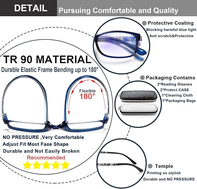 EYEURL 2 Pack Blue Light Blocking Readers for Women Men, Ladies Computer Reading Glasses +1.0 Magnification, Fashion Rectangular Eyeglasses and Hard Case