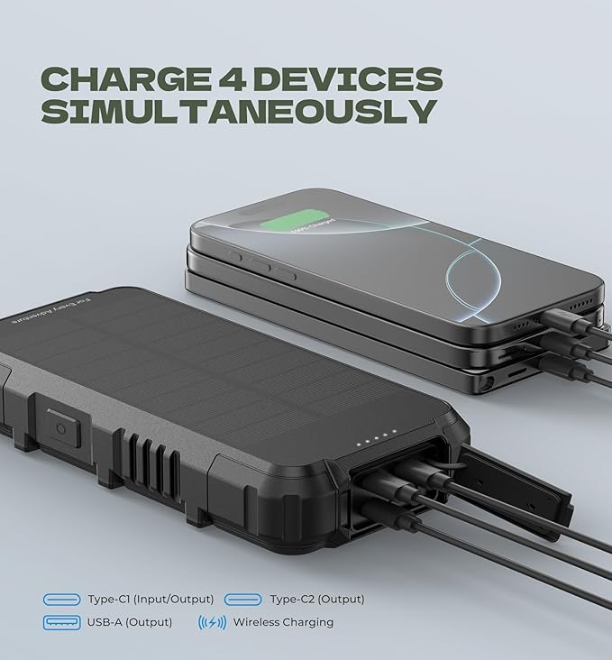 Dexnor Solar Charger Power Bank 27,000mAh, 65W PD3.0 & QC3.0 Fast Charging Powerbank External Battery Pack Portable Wireless Chargers with Flashlight and Carabiner, Compatible with MagSafe & Qi
