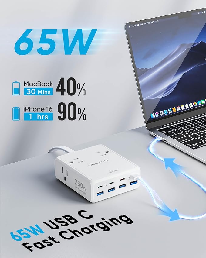 230W USB Power Strip, 5FT Flat Plug Extension Cord with 4 AC Outlets 8 USB Ports(4 USB C&4 USB A), 2000 Joules Surge Protector, Multiple USB Outlet Strip, Home Office Dorm Travel Essentials