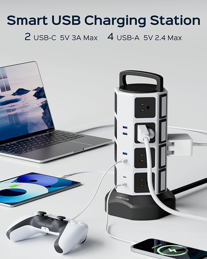Power Strip Tower Surge Protector - JACKYLED 16 AC Outlets(13A) 6 USB Ports Electric Charging Station, 1050J Surge Electric Tower, 1625W Outlet Extender, 6.5ft Heavy Duty Extension Cord for Home