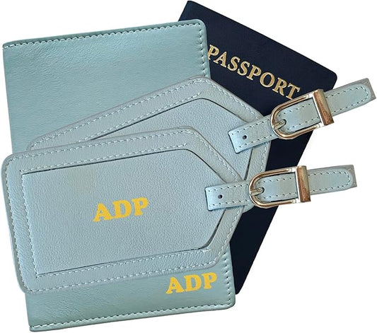 Personalized Monogrammed Chambray Leather RFID Passport Wallet and 2 Luggage Tags