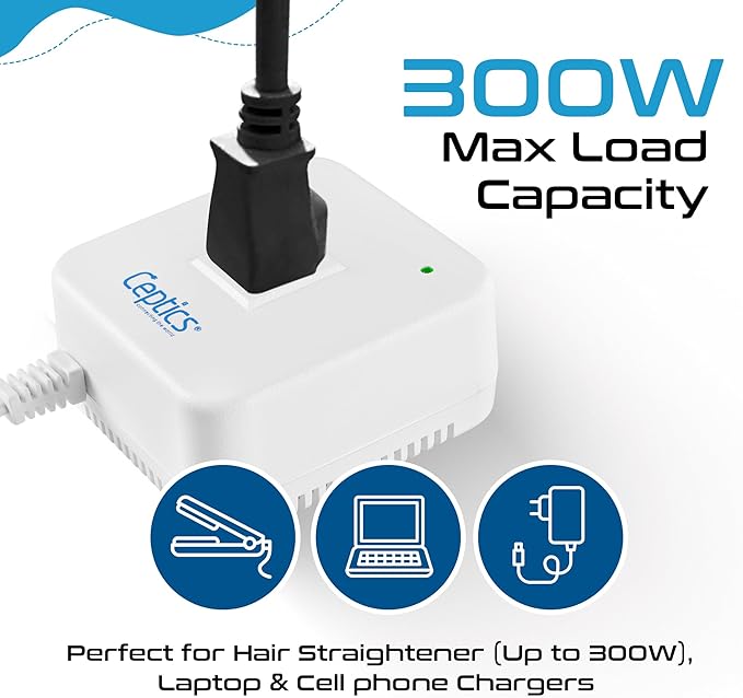 Ceptics 300 Watt Step Down Voltage Converter – Converts 220V/240V to 110V/120V – Perfect for Hair Straighteners, Laptops, and Chargers – CE Certified Travel Converter