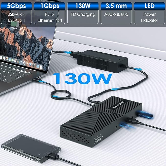 USB C Docking Station 3 Monitors with 130W Power Delivery, 12-in-1 DisplayLink Dock with Triple Monitors (2*DP, HDMI, 4*Type-A, Type-C, RJ45, Mic/Audio) for Mac Windows