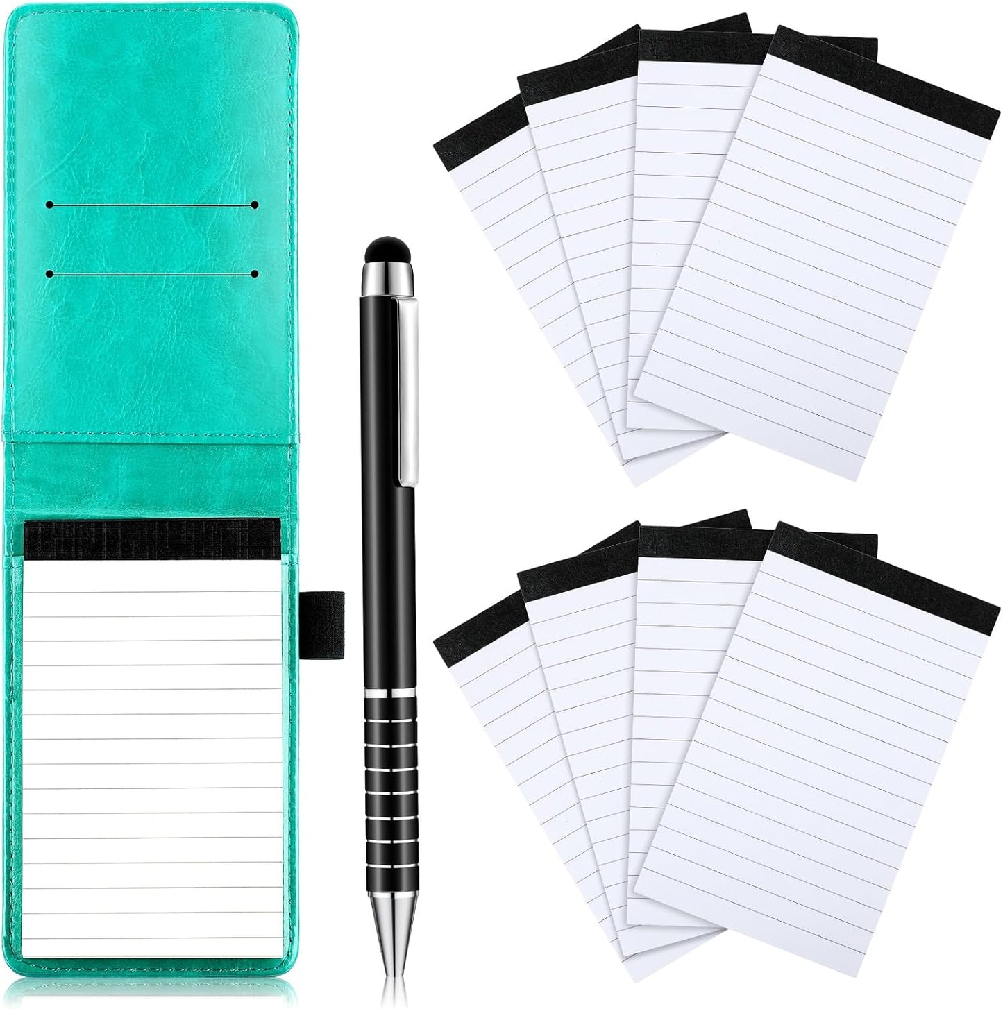 Outus 10 Pcs Pocket Notebook with Pen Set Included Mini Pocket Notepad Holder with 50 Lined Sheets, Metal Pen, 8 Pcs 3 x 5 Inch Memo Book Refills, 30 Lined Paper Per Note Pad (Bright Blue)