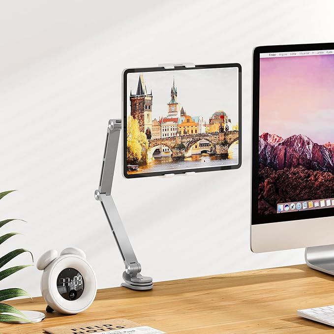 Tablet Stand Holder, Adjustable Foldable Tablet Arm iPad Desk Mount with 360°Rotate Base, Phone Holder iPad Stand for Desk and Bed, Compatible with Tablets, Phones or Other 4-15.6" Device