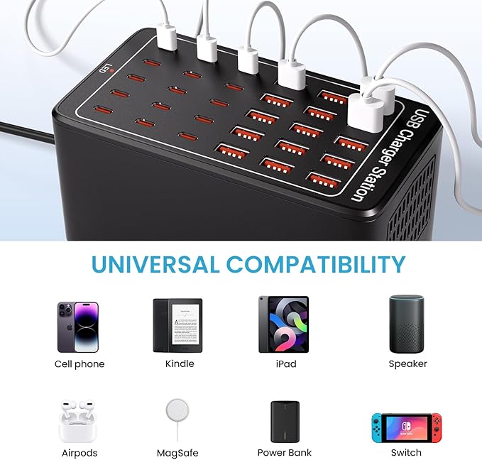 USB C Charging Station for Multiple Devices, 150W 30 Ports Charger Block for Ipad Cell Phone, Multiple USB Power Strip for Family Classroom
