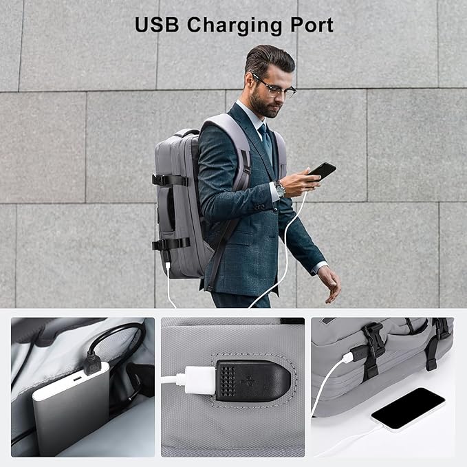 HOMIEE Carry on Backpack Extra Large Travel Bag, Expandable Hand Luggage Suitcase Anti-Theft Business Backpack, Water Resistant Lightweight Weekender Bag, Light Grey