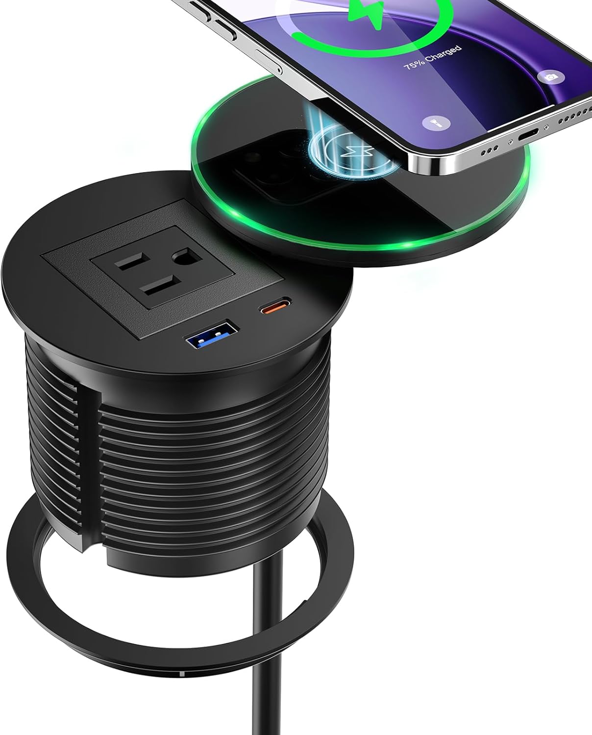 Desk Power Grommet with PD 30W USB C, 15W Wireless Recessed Power Outlets with 1 AC Plugs and 2 USB Ports, Hidden Power Strip for Office Kitchen Cabinet Conference Room